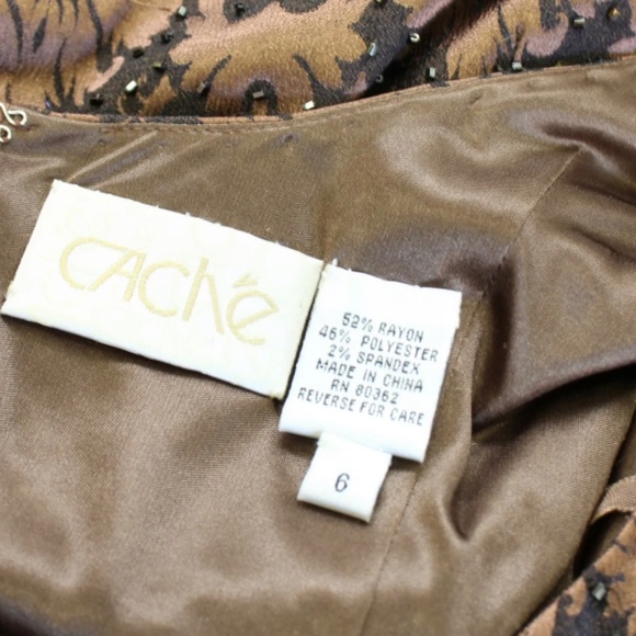 Vtg 90s Cache Brown Black Jacquard Fringe Sequin Beaded Cocktail Party Dress 6 - Picture 4 of 6